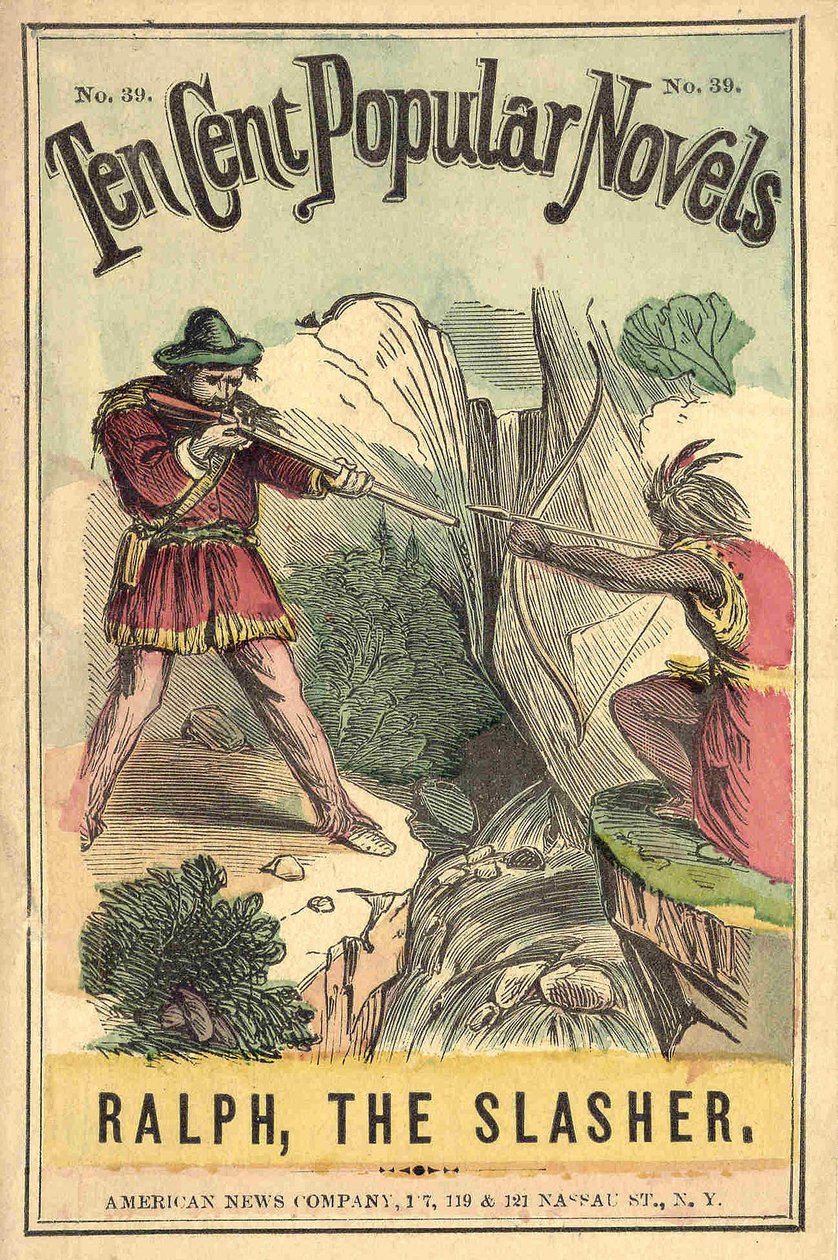 “On cent popüler roman - Ralph, Slasher” kitabının kapağı, No. 39. American News Company. Bir Kızılderili ve beyaz bir düello. yanan sd. 20. yüzyılın başları. by American School