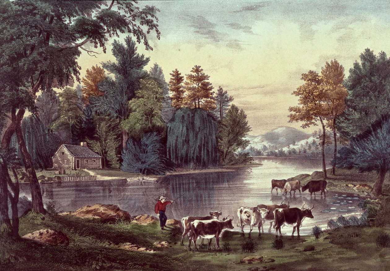 Nathaniel Currier (1813-88) ve James Merritt Ives (1823-95) tarafından yayınlanan Gölün Kıyısında İnekler (renkli taş) by American School