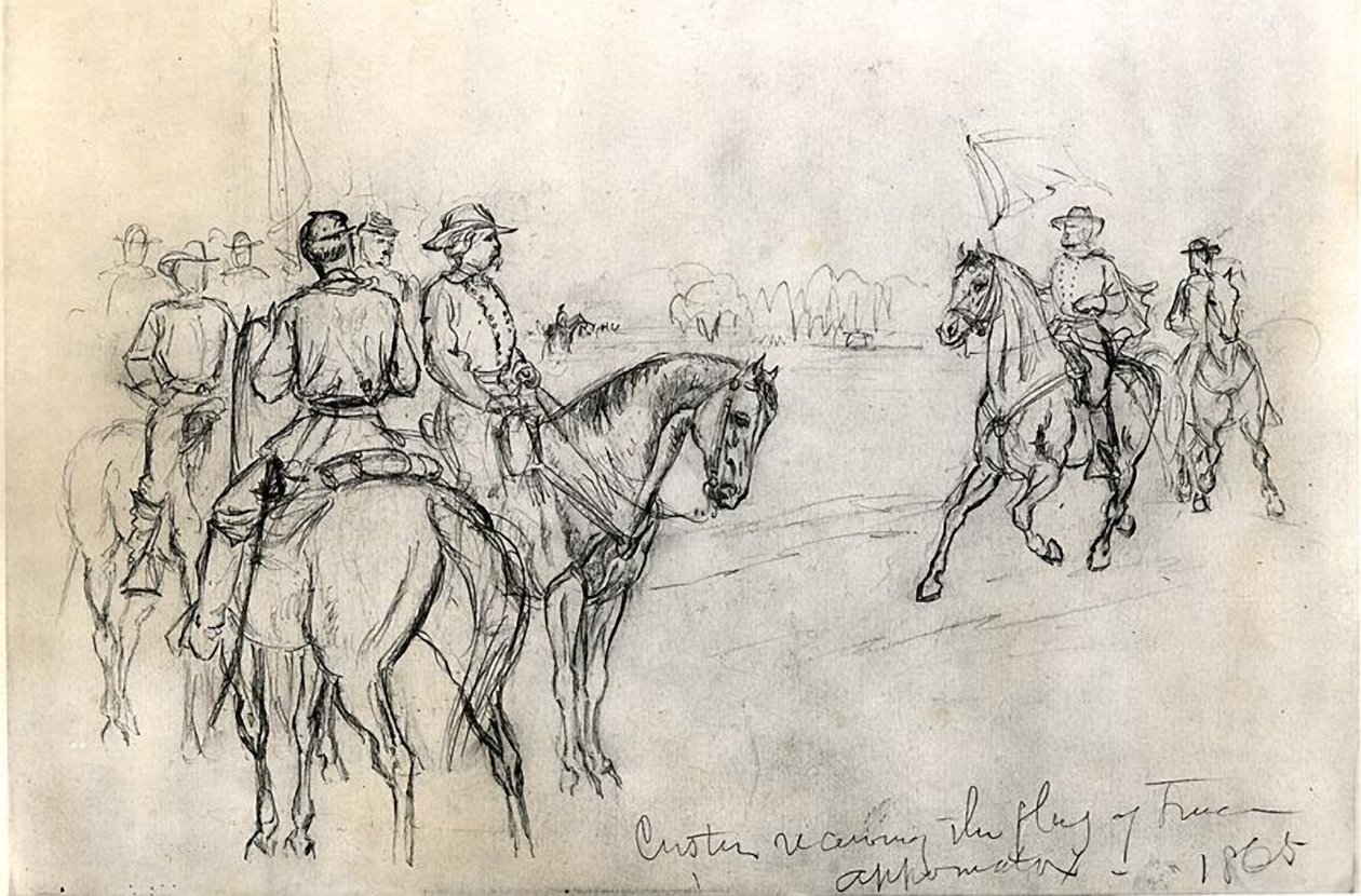 Custer, Özgürlük Bayrağını alırken, Appomattox, 1865 by American School