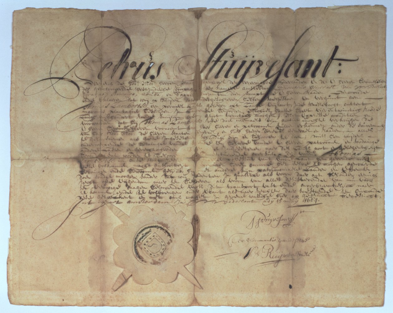 New Netherland Genel Müdürü Peter Stuyvesant tarafından imzalanan senet, 15 Mayıs 1664 by American School