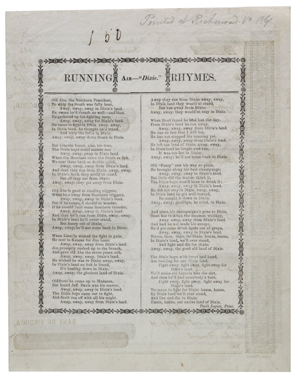 Dixie bir yaprağın arkasına basılmış çekler, 1861 by American School