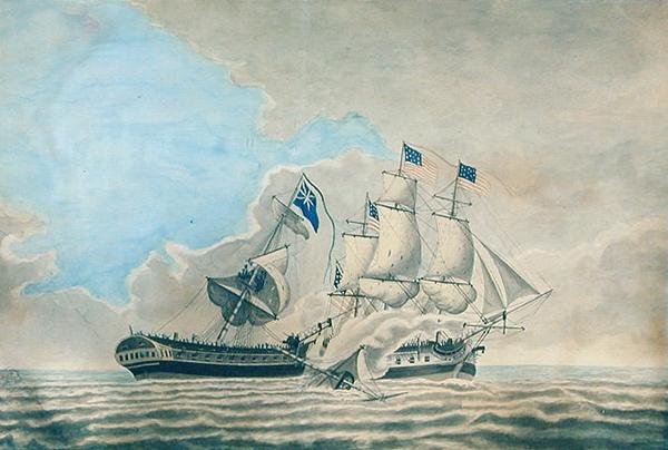 ABD Fırkateyn Constund ve H.M.S. Guerriere (kağıt üzerine suluboya, guaj ve mürekkep) by American School