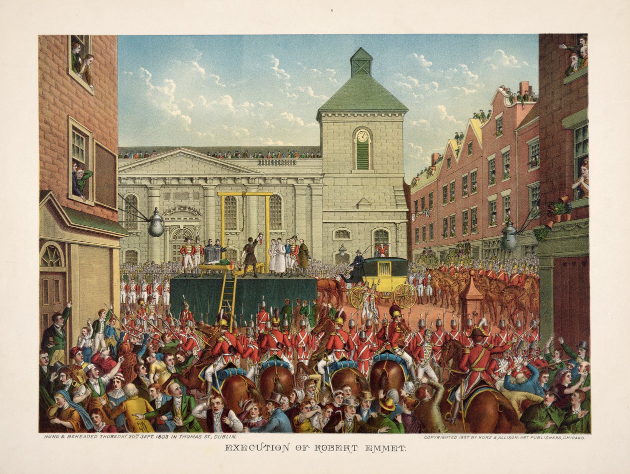 Robert Emmet'in Thomas Caddesi'nde infazı, 20 Eylül 1803, pub. 1803 (renkli taş) by American School