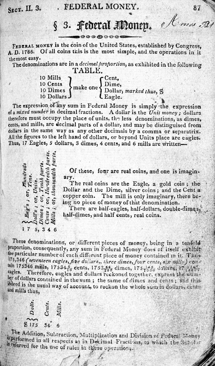 Federal Para, Daniel Adams tarafından yazılan The Scholars Arithmetic 6. Edition