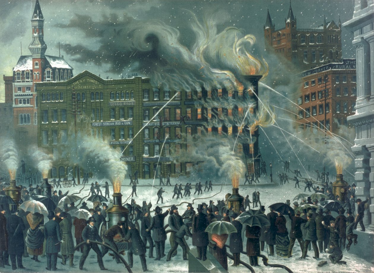 Cesur İtfaiyecilerimize adanmış New York Dünya Binasında Yangın, pub. tarafından Bruns, 1882 by American School