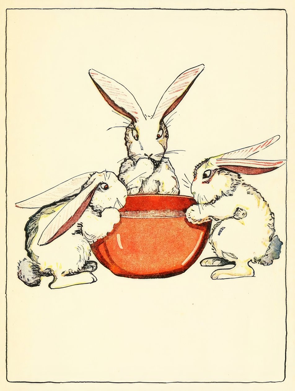 Flopsy, Mopsy ve Cotton-Tail, akşam yemeğinde ekmek, süt ve böğürtlen yediler. by American School