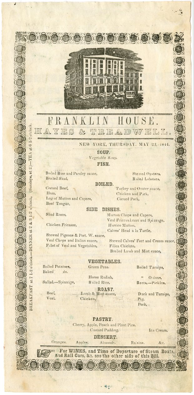 23 Mayıs 1844, 1844 için Franklin House Menüsü (oyulmuş menü) by American School