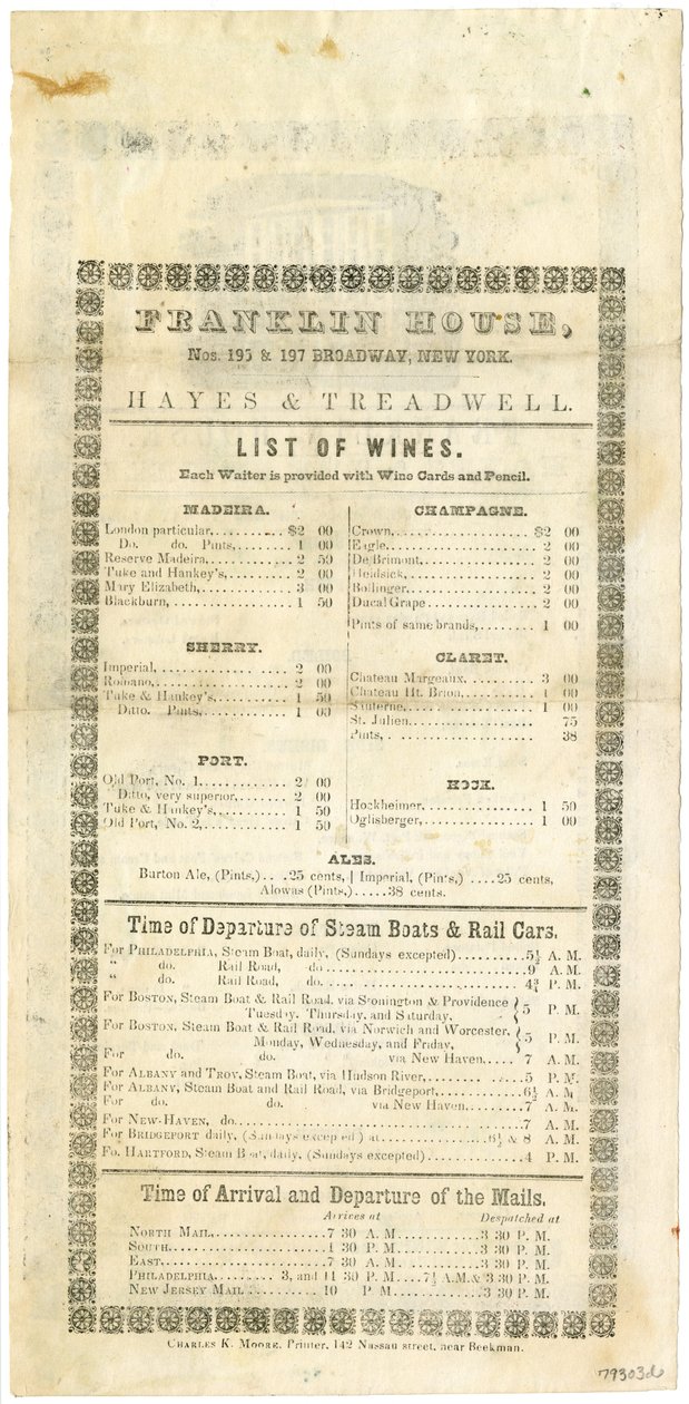 23 Mayıs 1844, 1844 için Franklin House Şarap listesi (oyulmuş menü) by American School