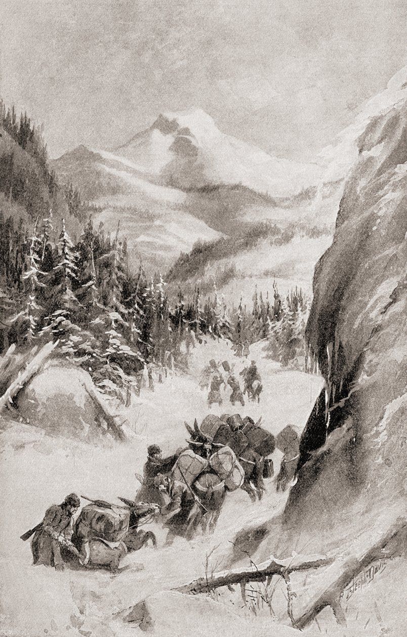 Fremont, Kuzey Amerika'daki Rocky Dağları'nda, 1905'te yayınlanan 'Ülkemizin Tarihi'nden 1848'deki dördüncü keşif gezisi sırasında (litho) by American School