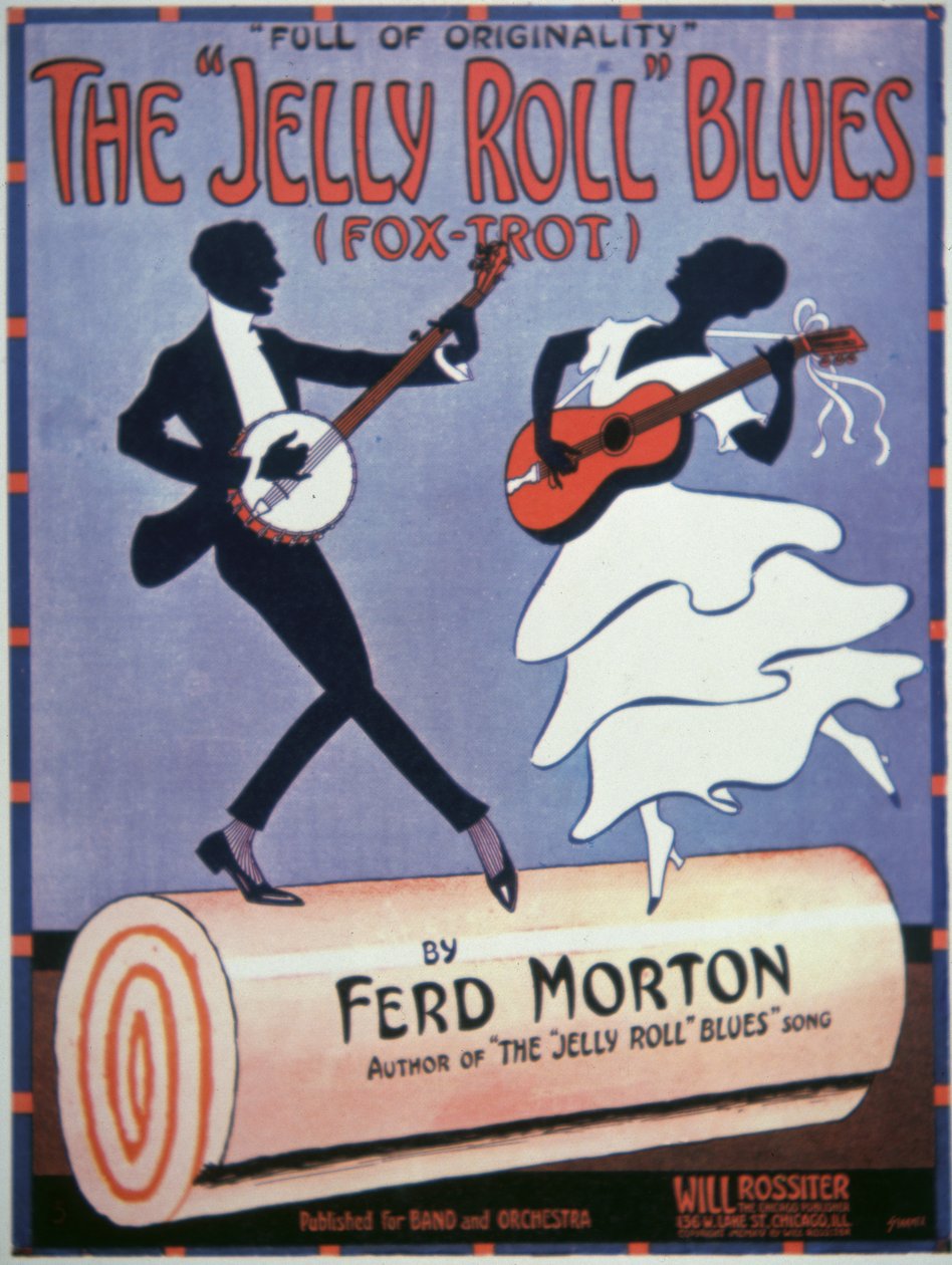 Jelly Roll Morton (1890-1941) 1915 (renkli litho) tarafından 
