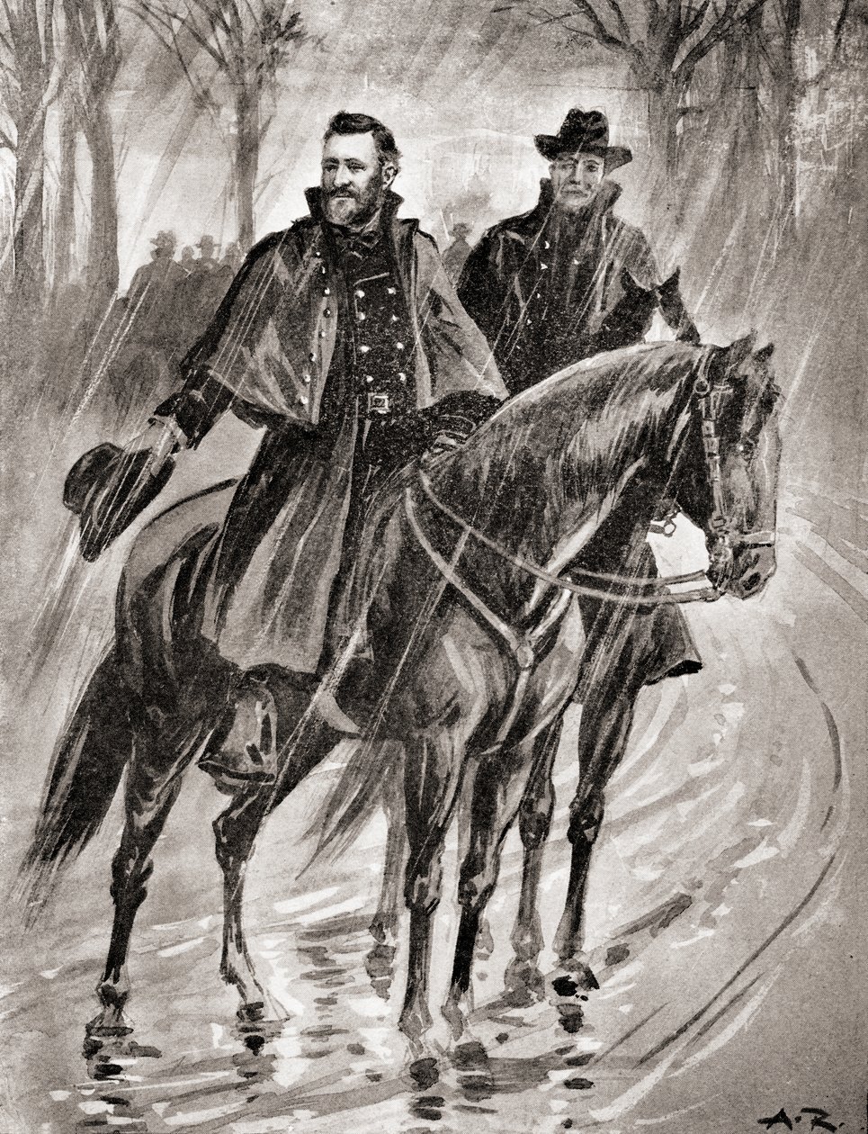 General Grant, 1861'deki savaştan önce Belmont, Missouri'de yağmurda keşif yaparken, 'Ülkemizin Tarihi'nden, 1905'te yayınlandı (litho) by American School