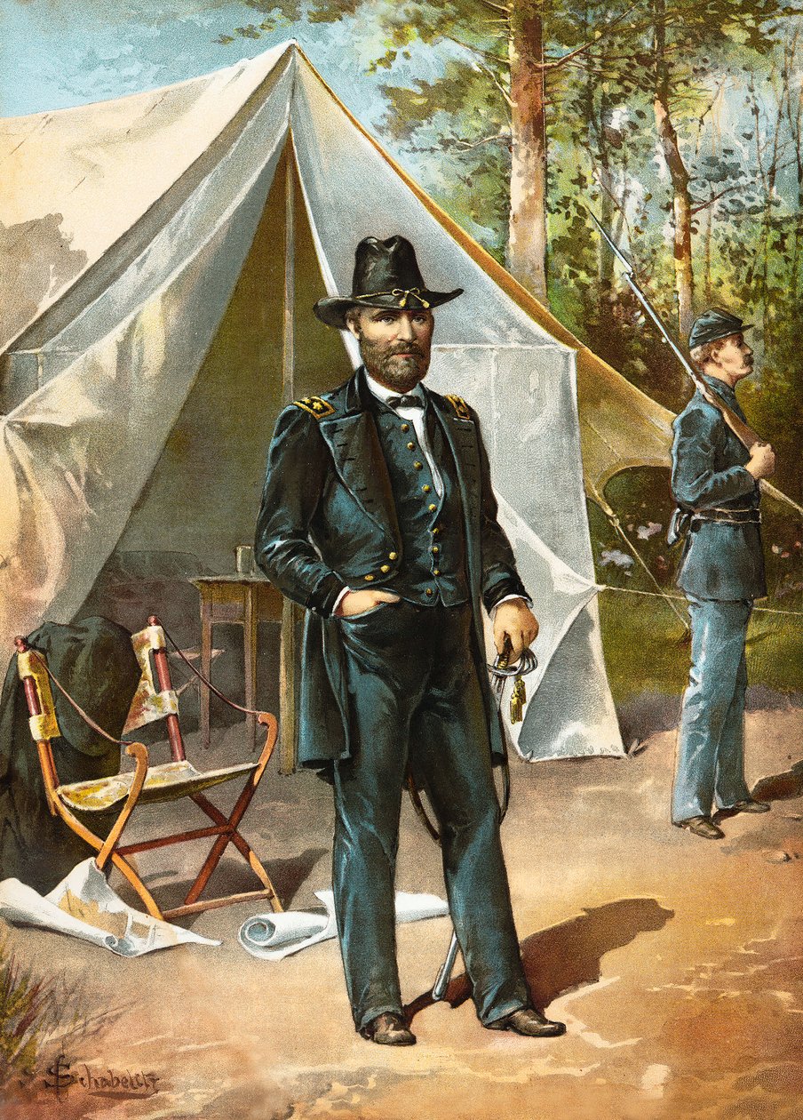 General Ulysses S Grant, Amerikan İç Savaşı sırasında Çadırının önünde duruyor, pub. 1892 by American School