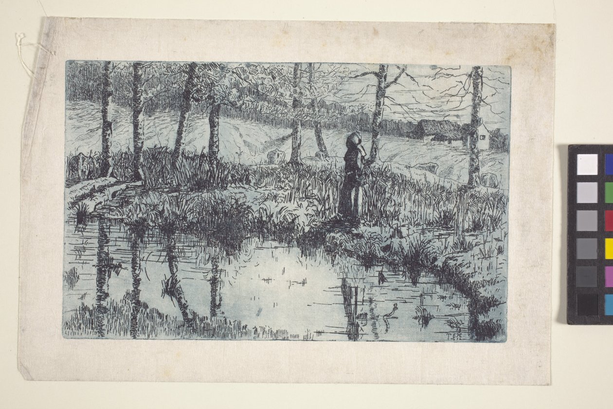 Girl By Pond (mavi baskılı gravür ve plaka tonu) by American School