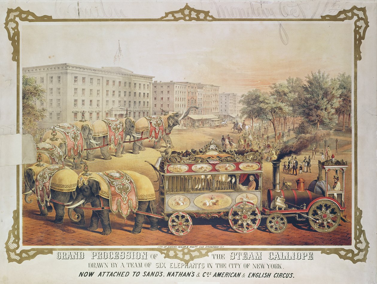 Altı filden oluşan bir ekip tarafından New York şehrinde çekilen Steam Calliope'un büyük alayı, 1857 by American School