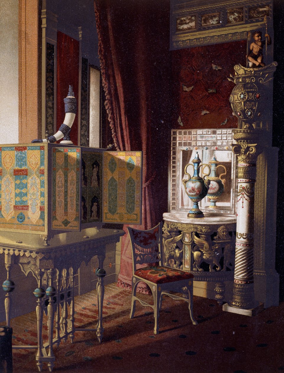 Büyük Salon, Van der Bilt Hotel, New York, Yatak Odası, Ca 1840, Renkli gravür by American School