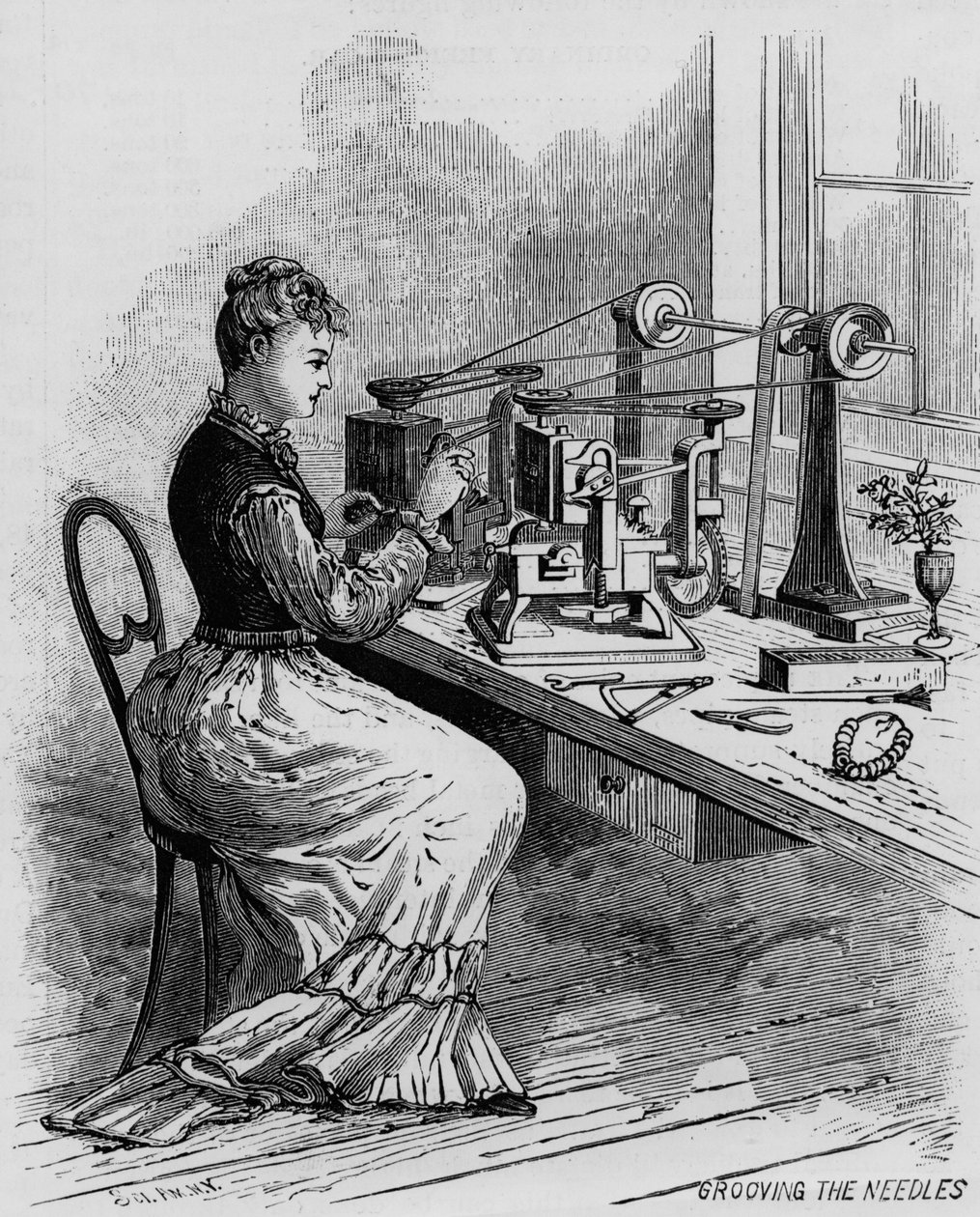 İğnelere Kanal Açma, Scientific American dergisinden dikiş makinesi üretimini gösteren çizim, 1879 by American School