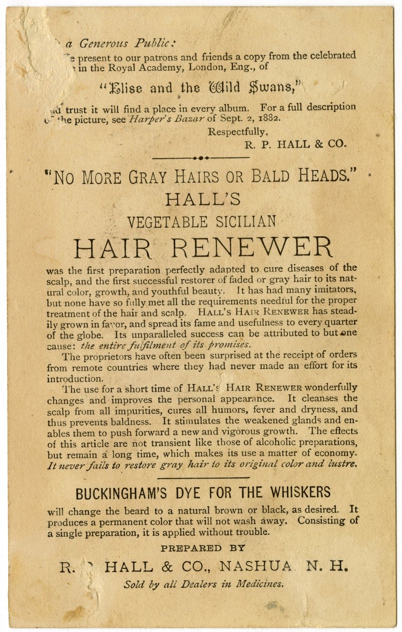 Salonlar Bitkisel Sicilya Saç Yenileyici, Gri Saçları eski rengine kavuşturur ve kelliği önler. Verso, (litografi [ticari kart]) by American School
