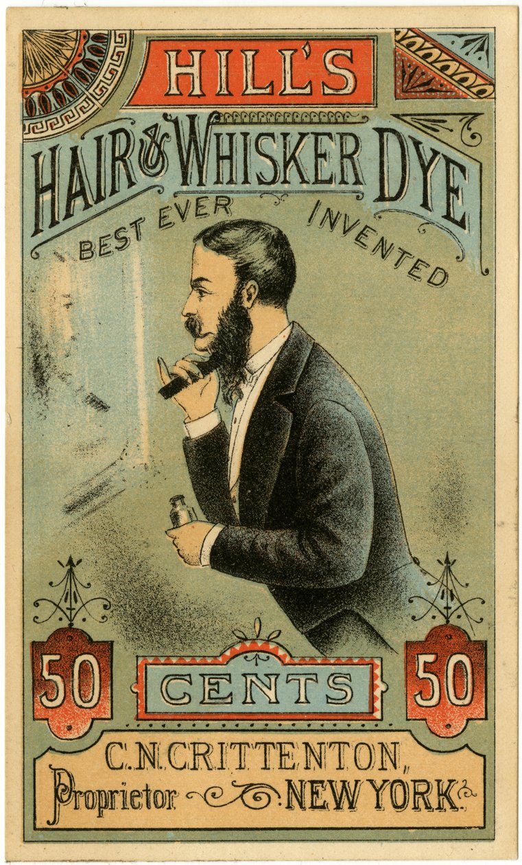 Hills Saç ve Bıyık Boyası, Şimdiye Kadarki En İyi Buluş, C.N. Crittenton, Sahibi, New York. Ticaret kartı, recto. (renkli taş [ticari kart]) by American School