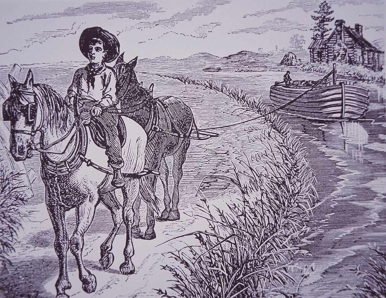 Çekme yolunda kanal teknesini çeken atlar, Erie Kanalı (gravür) by American School
