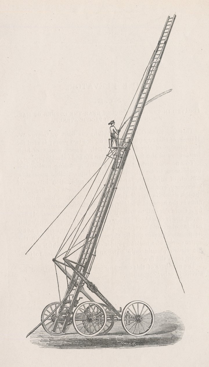 Yangın Departmanındaki Polis Kurulunun Chicago Şehri Ortak Konseyine Raporundan 1. Hortum Asansörü ve Kamyonun Resmi, s. 70., 1872 (ahşap oyma) by American School
