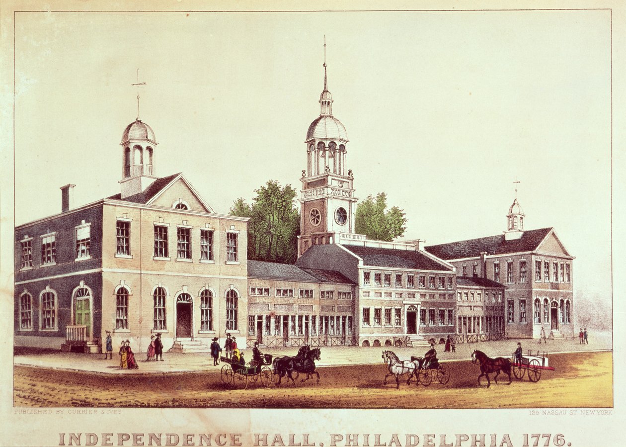 Independence Hall, Philadelphia, 1776, Nathaniel Currier (1813-88) ve James Merritt Ives (1824-95) tarafından yayınlandı by American School