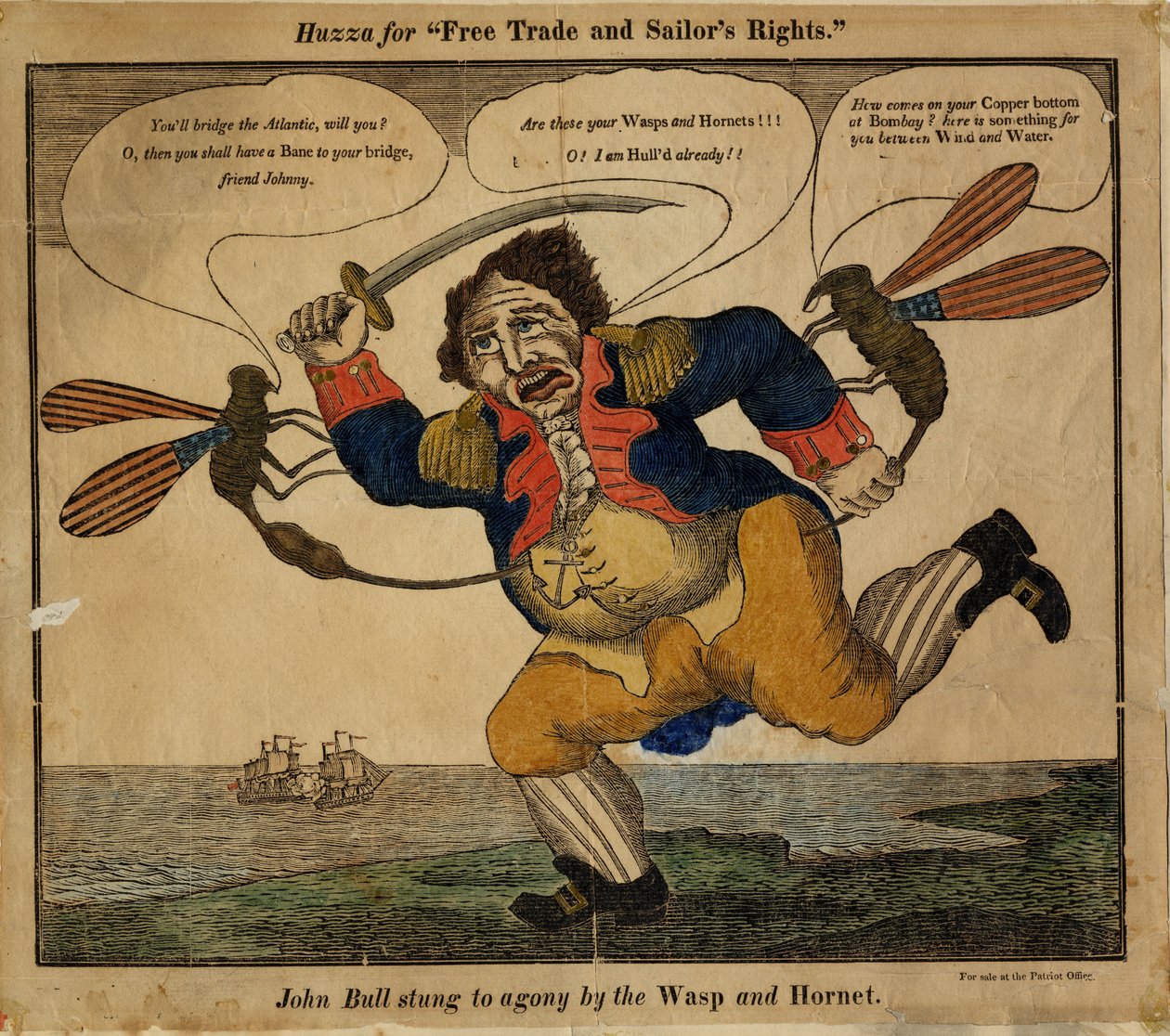 John Bull, Wasp ve Hornet tarafından acıya sokuldu, 1813 (el renginde kabartma kesim) by American School