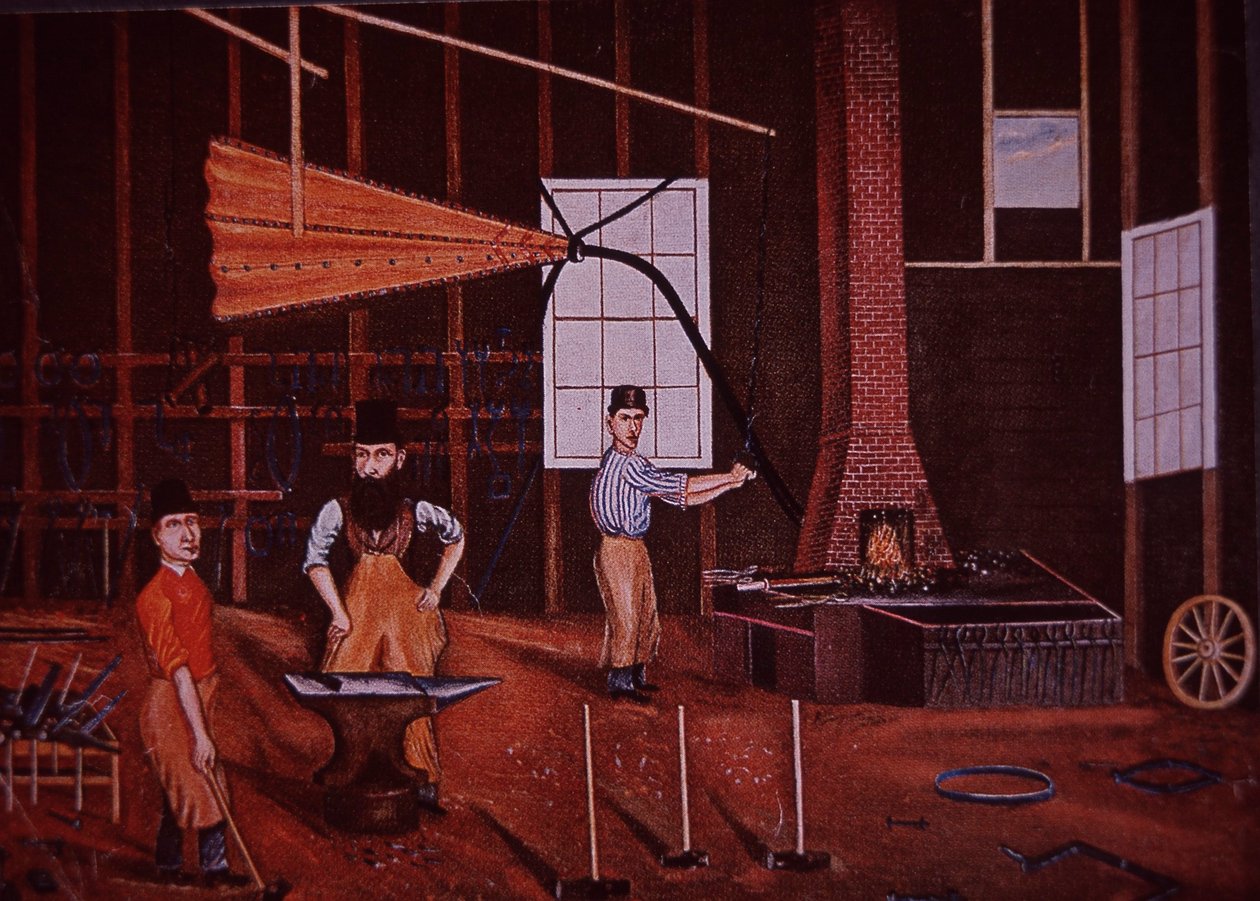 John Mohler Studebaker (ortada), atölyede Alman-Amerikan vagon üreticisi, c.1858 (renkli taş) by American School
