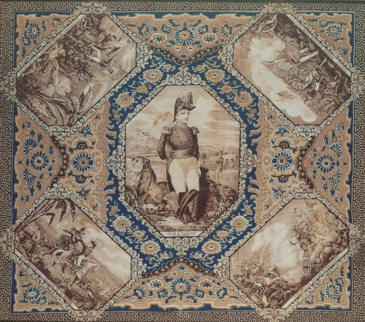 Zachary Taylor portresi ve Meksika Savaşı (1846-8), 1848 (pamuk) muharebeleri ile fular by American School