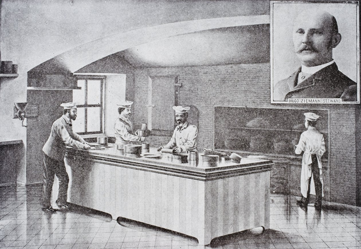 Kitchen of The White House in the 1890s, with inset portrait of Hugo Ziemann  by American School