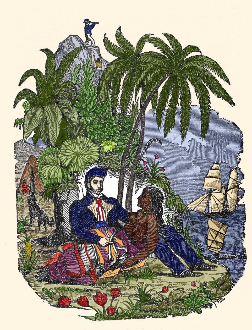 Madagaskar adasında korsanların hayatı. “Korsan kendi kitabı” 1837 gravürü. by American School