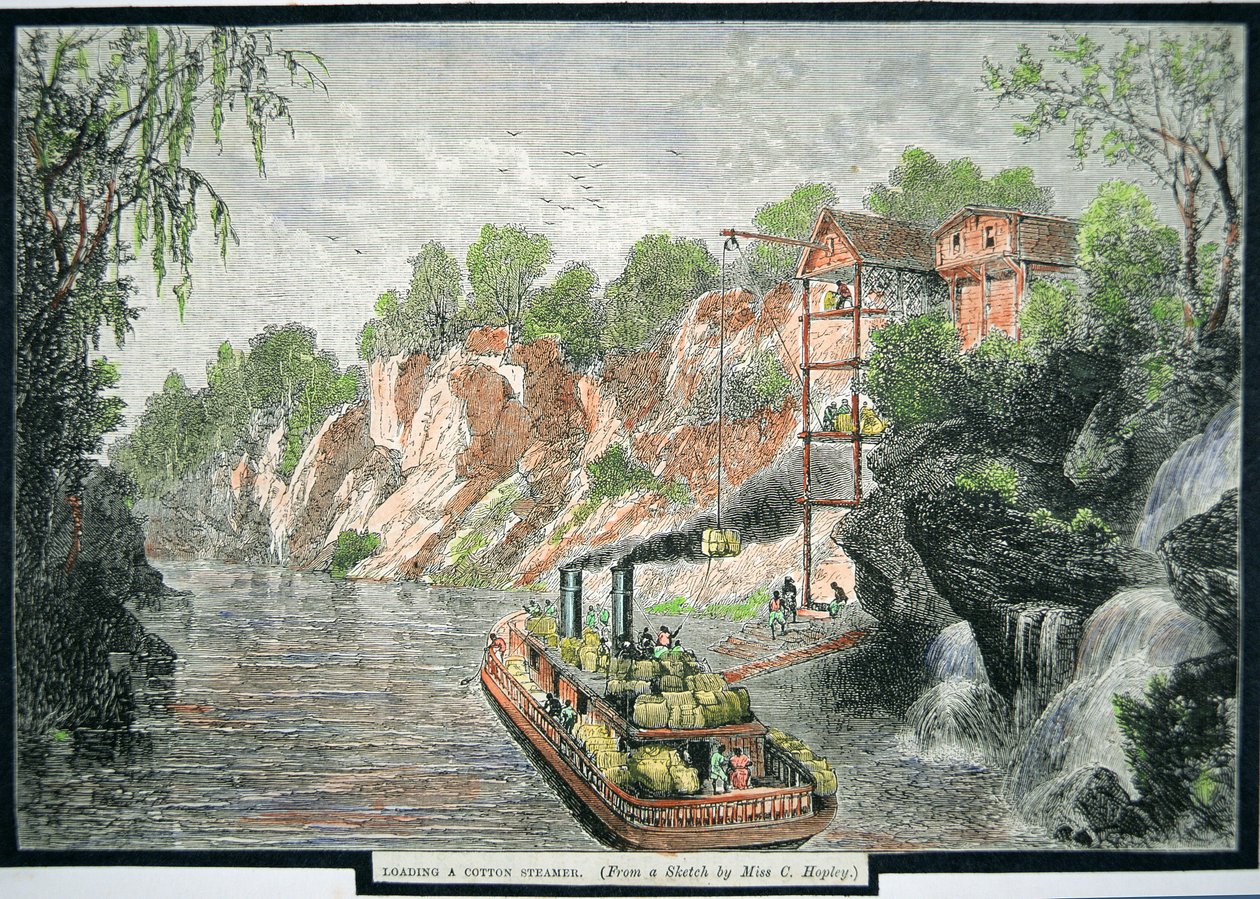 Bir plantasyondan pamuk balyalarıyla vapura yükleme, c.1860 (renkli gravür) by American School