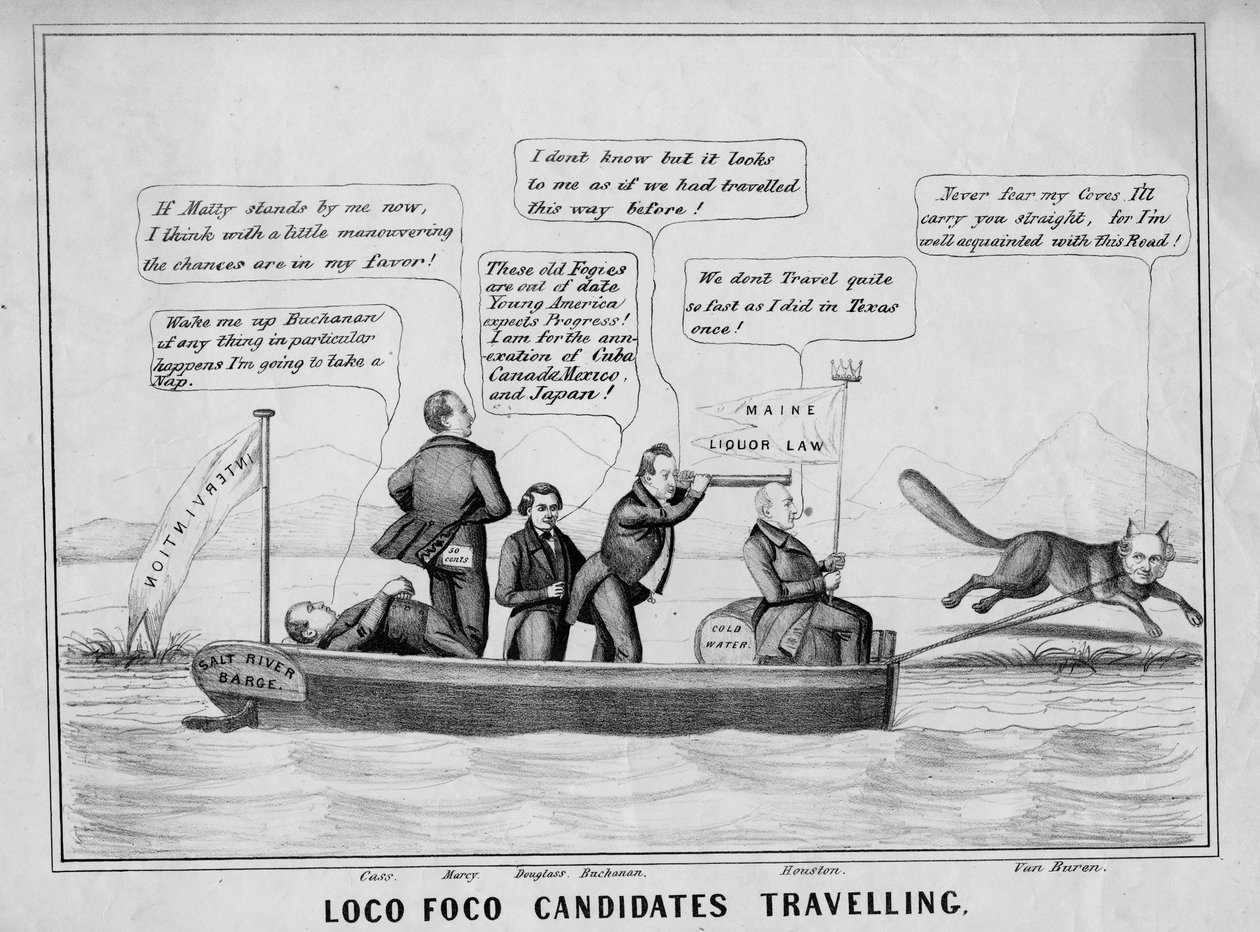 Kanal sistemi üzerinde seyahat eden Loco Foco adayları, J Childs, New York, c.1848 tarafından yayınlandı. by American School