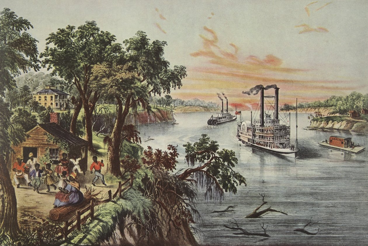 Mississippi'de Düşük Su, pub. 1868, Currier & Ives (renkli taş) by American School