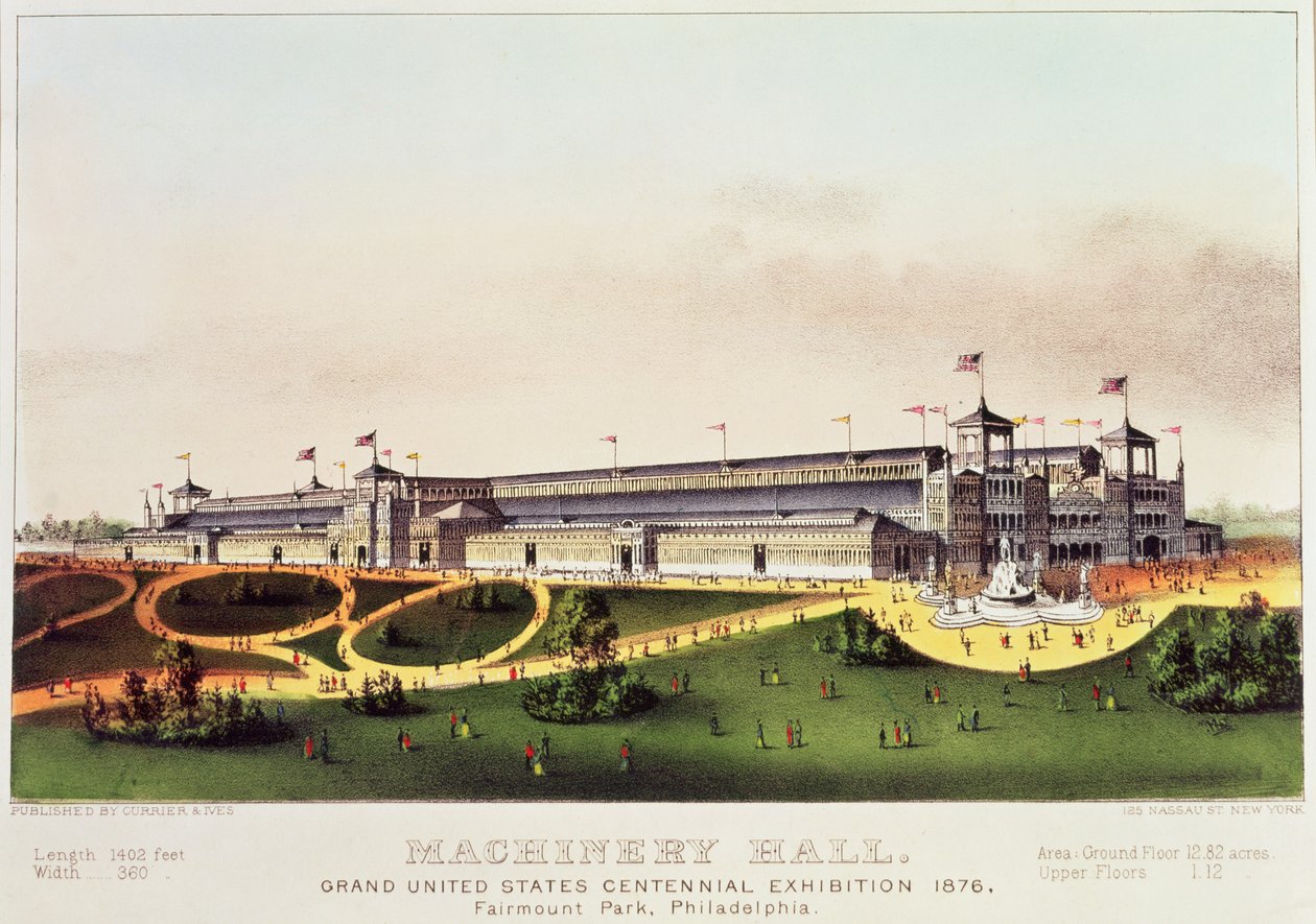 Machinery Hall, Grand United States Centennial Exhibition, Fairmount Park, Nathaniel Currier (1813-88) ve James Merritt Ives (1824-95), 1876 tarafından yayınlandı by American School