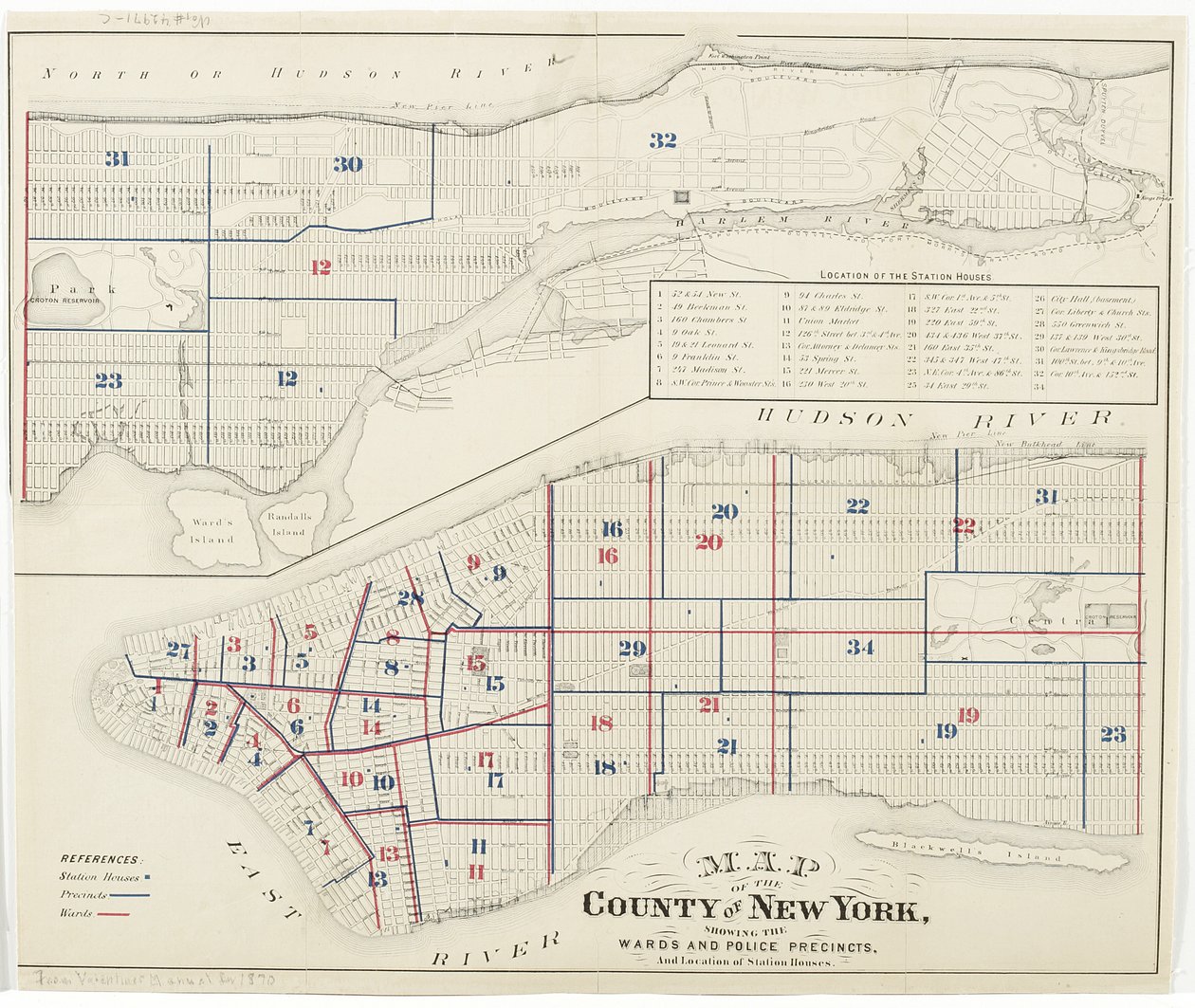 Wards ve Polis Bölgelerini ve İstasyon Evlerinin Konumunu gösteren New York County Haritası, 1870 (kağıt üzerine mürekkep) by American School