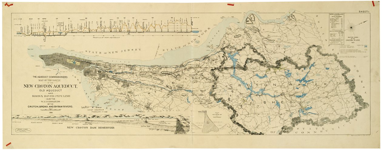 Yeni Croton Su Kemeri, eski su kemeri ve Bronx Nehri boru hattının haritası ayrıca Croton, Bronx