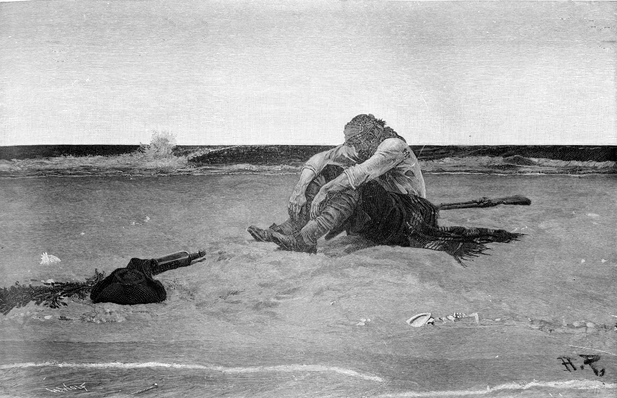 Amerikalı illüstratör Howard Pyle (1853 - 1911) tarafından yazılan “İspanyol Ana Korsanları ve Maroonerları”ndan sonra mahsur kalan korsan. Grisaille. 1887. by American School