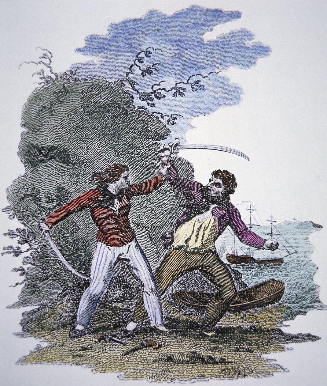 Mary Read erkek sevgilisinin hayatını kurtarmak için başka bir korsanla savaşıyor (renkli gravür) by American School