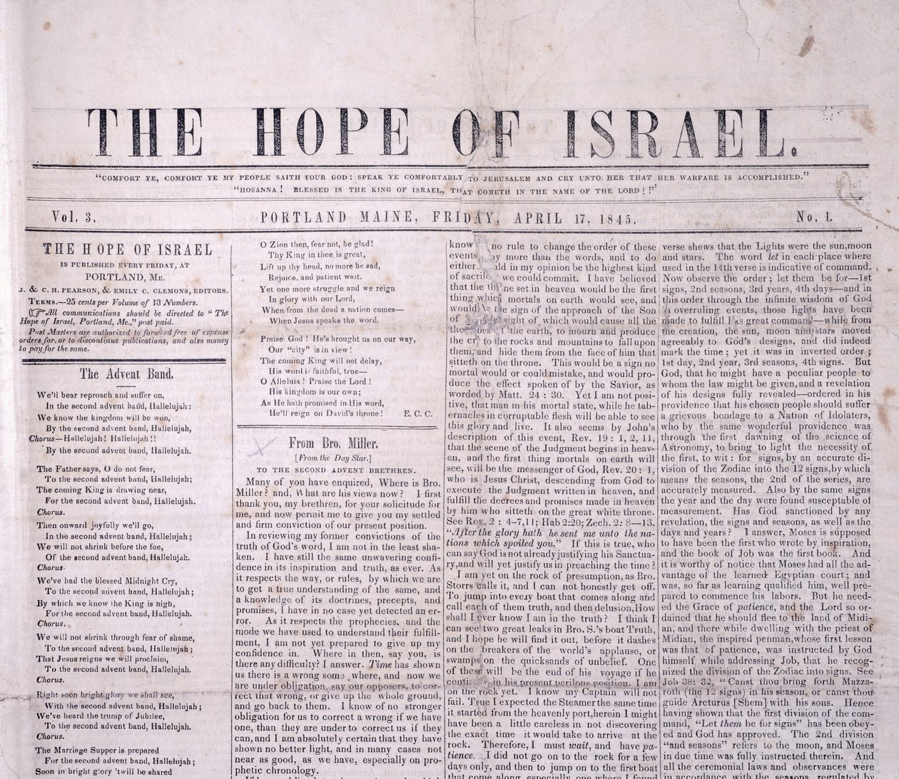 Masthead to The Hope of Israel, basılmış Portland, Maine 17 Nisan 1845 (baskı) by American School