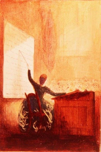 Bayan Sarah E. Holden fonetik bir çizelge yardımıyla ders veriyor, c.1840 (kağıt üzerine suluboya) by American School