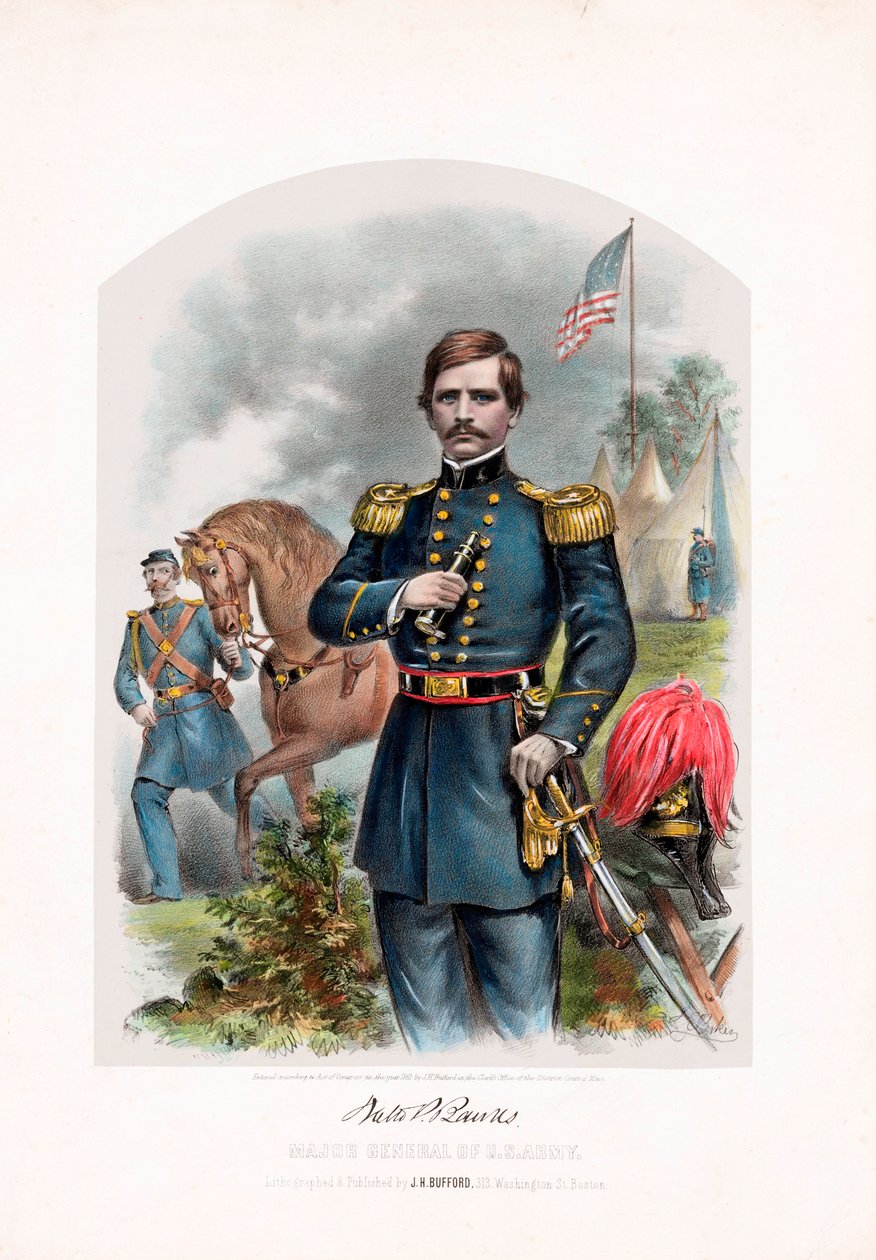 Nathaniel P. Banks, ABD Ordusu Tümgenerali, pub. 1861 renkli litografi by American School