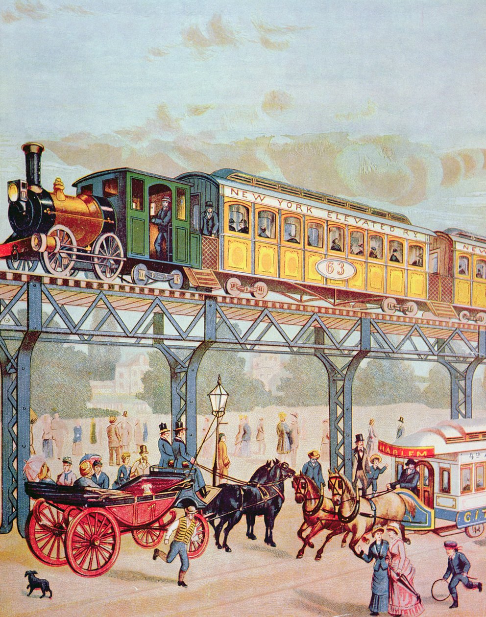 New York Yükseltilmiş Demiryolu, c.1880 (renkli taş) by American School