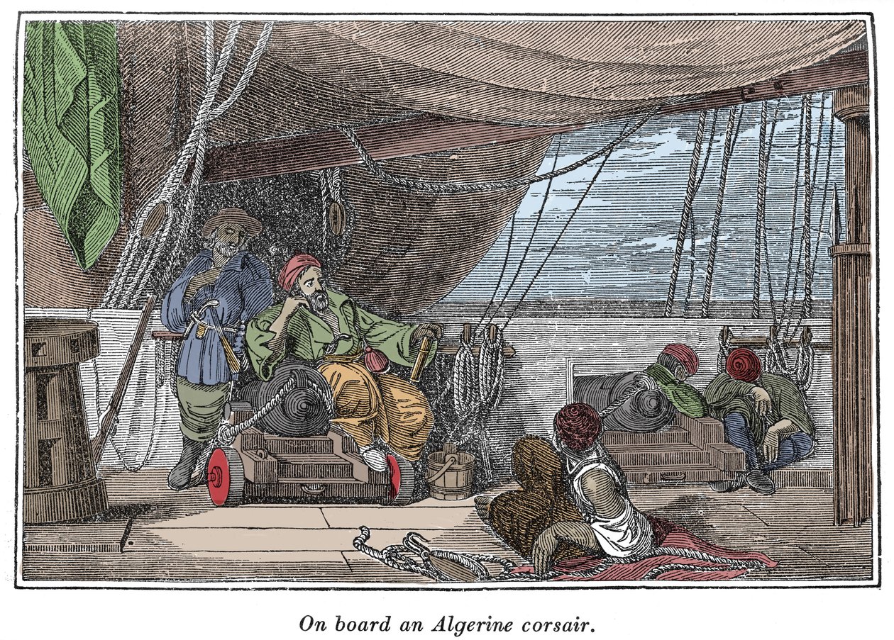 Cezayirli korsanların bir gemisinde Charles Ellms, Boston 1837 “Korsanlar Kendi Kitabı, en ünlü deniz soyguncularının otantik anlatıları”ndan illüstrasyon by American School