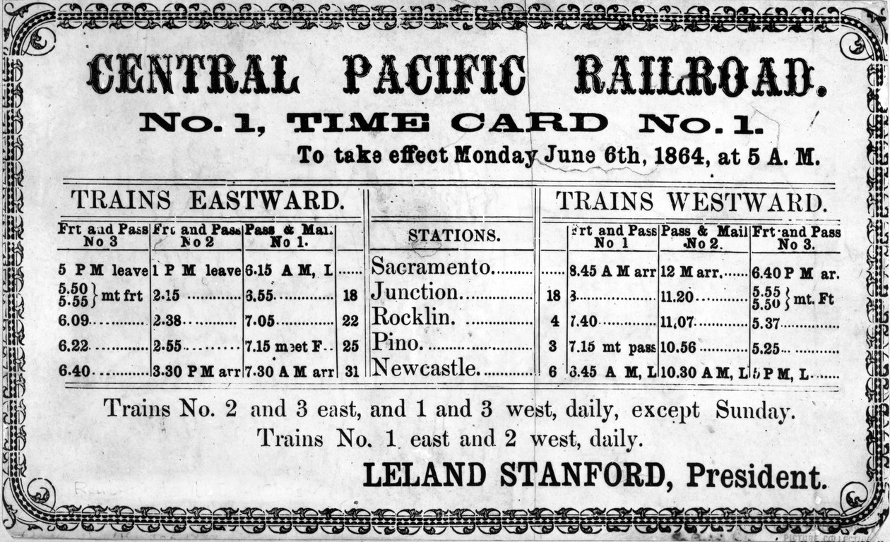 6 Haziran 1864, 1864 için Central Pacific Railroad Companys orijinal zaman çizelgesinin fotoğraf baskısı by American School