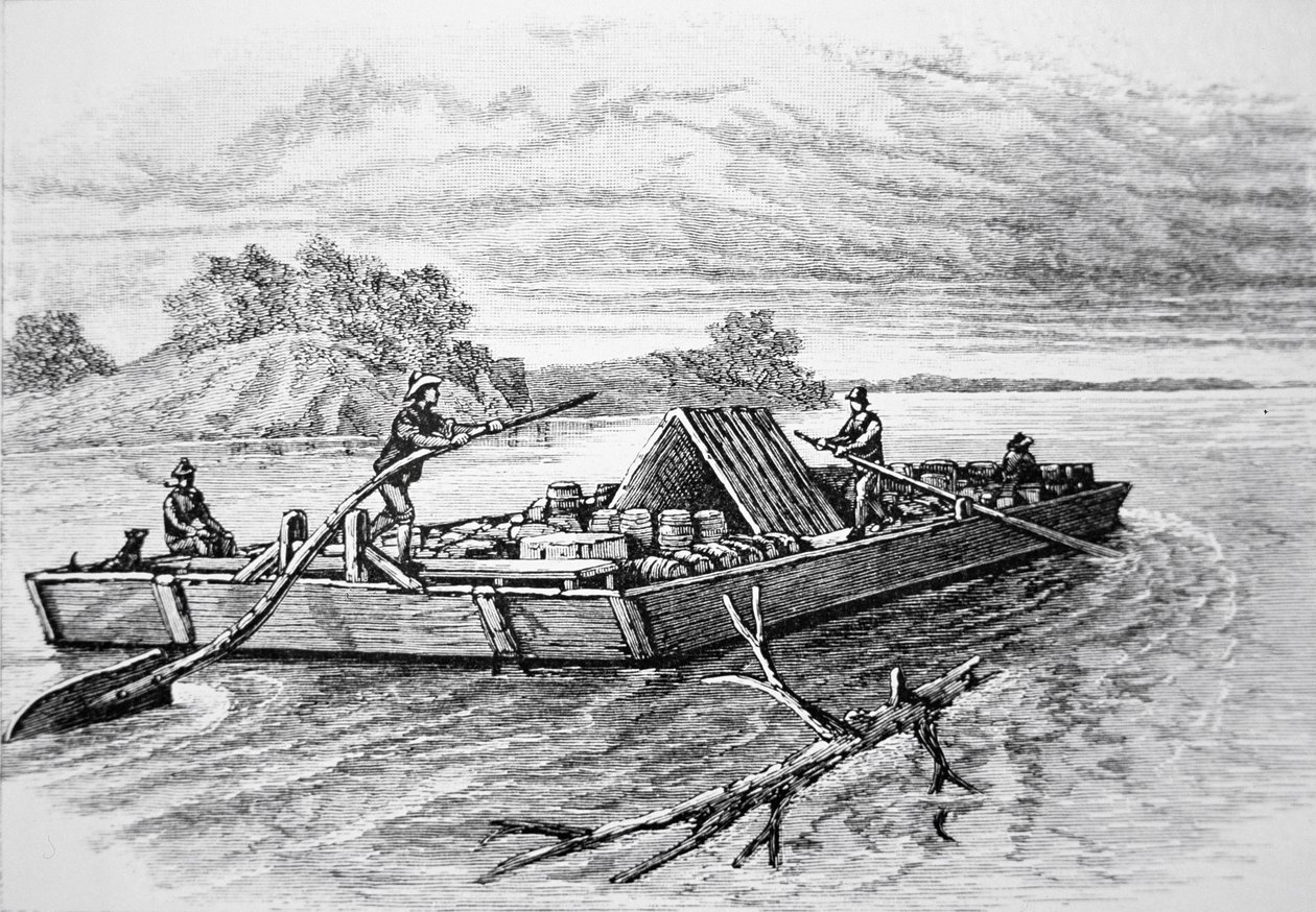 Mississippi Nehri, c üzerinde Pioneer düz tekne. 1840 (gravür) by American School