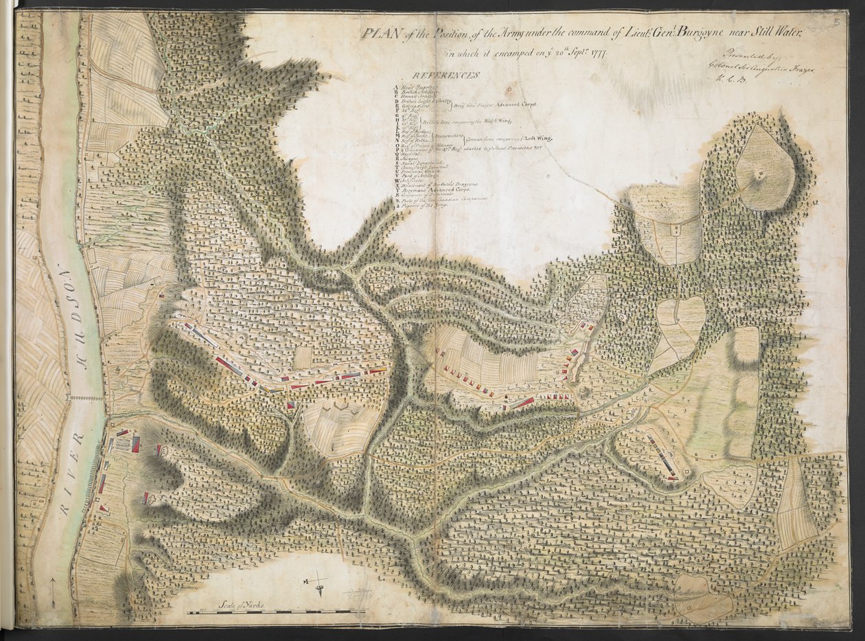 Teğmen komutasındaki Ordu Pozisyonunun Planı. Genl. Durgun Su yakınında, üzerinde konakladığı Burgoyne. 20 Eylül 1777 by American School