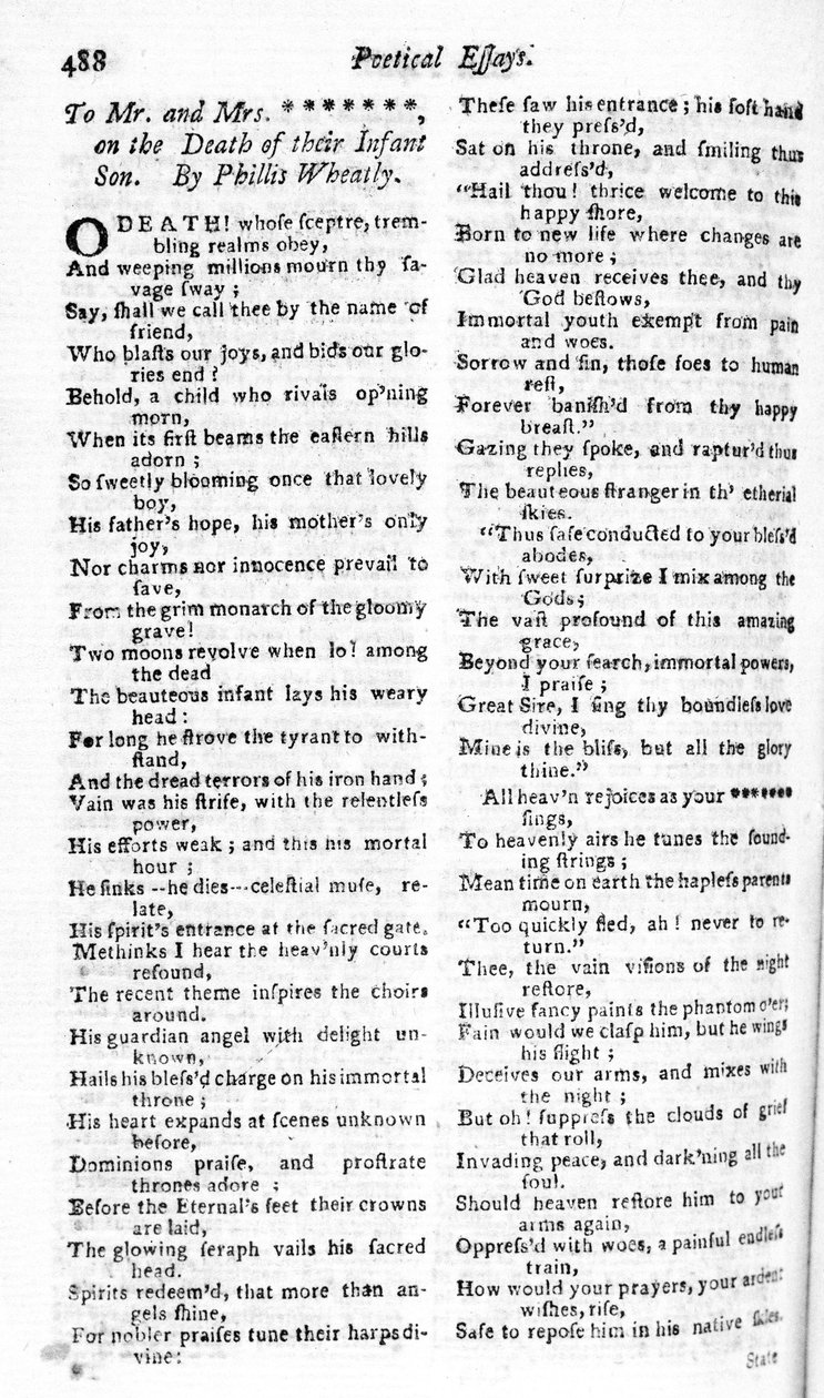 Phillis Wheatly tarafından çocuklarının ölümü üzerine bir çifte yazılmış şiir, Boston Magazine, 1783-84 (basılı) by American School