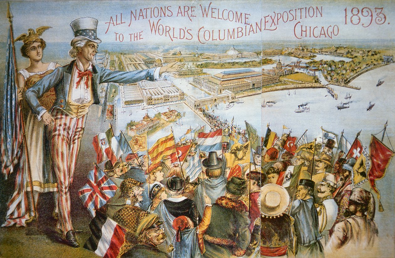 Dünyanın Kolomb Sergisinin reklamını yapan afiş, Chicago 1893 (renkli taş) by American School