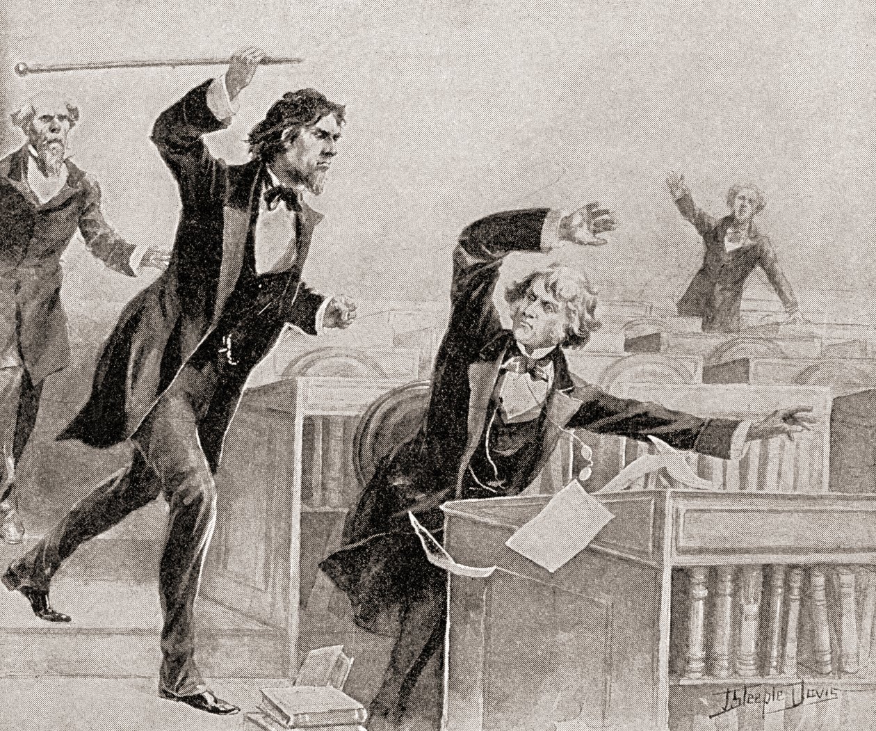 Köleliğin ateşli bir savunucusu olan Preston Smith Brooks, 22 Mayıs'ta kölelik karşıtı Senatör Charles Sumner'a Amerika Birleşik Devletleri Senatosu'nun zemininde bastonla saldırıyor. by American School