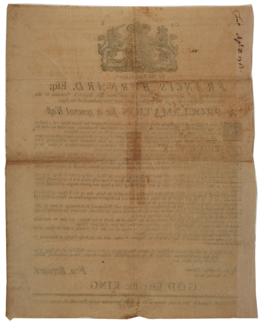 Massachusetts Körfezi Valisi Francis Bernard adına bildiri: Fransız ve Hint Savaşı sırasında bir gün oruç tutulacağını ilan etmek, 8 Nisan 1761 by American School